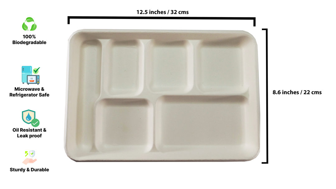 HARSHU 6 Compartment Sugarcane Plates (25 per pack)
