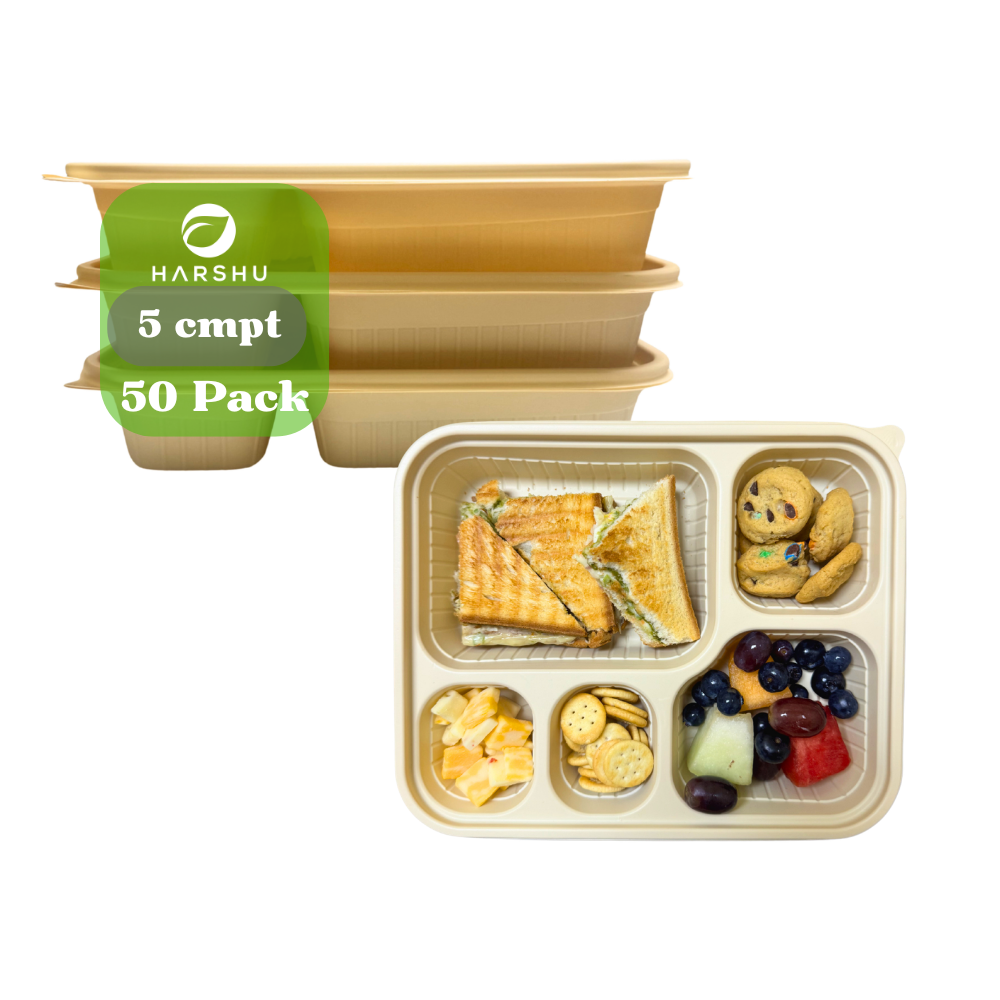 Harshu Cornstarch Plates with Lids - 5 Compartment, 50 Pack