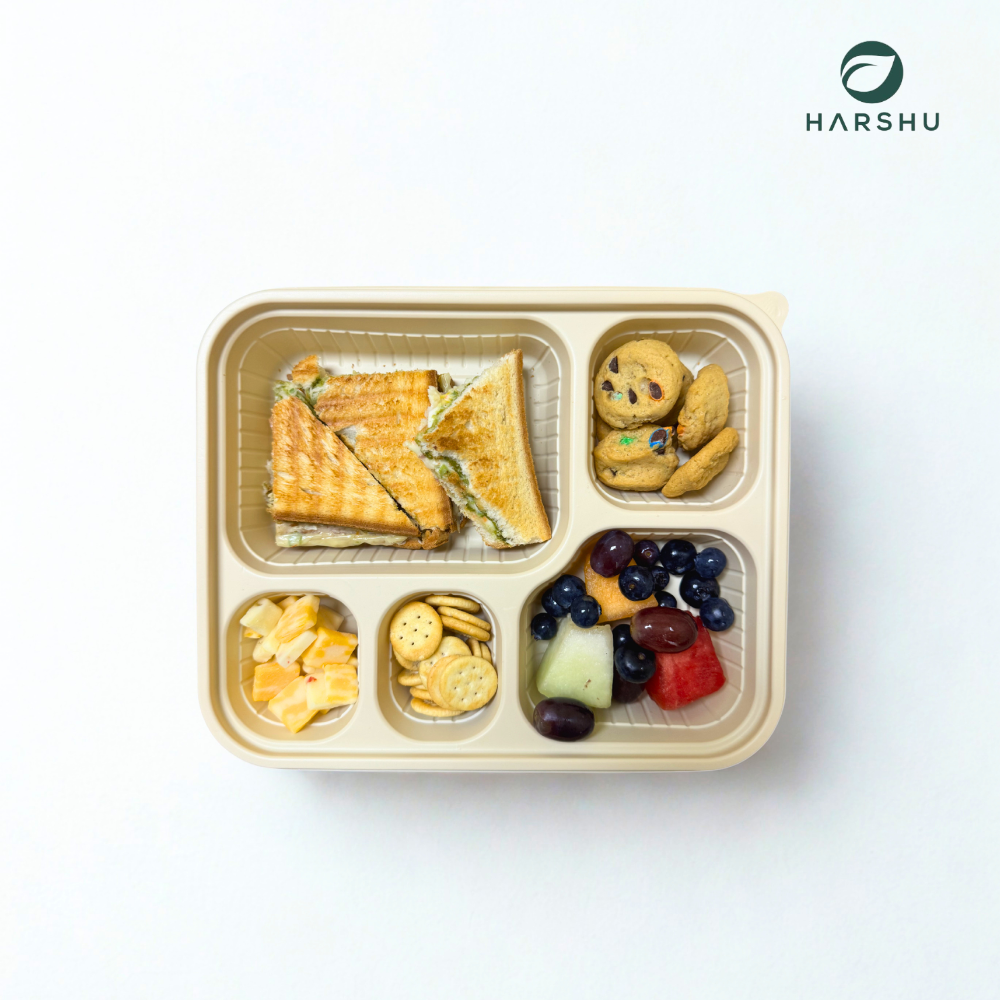 Harshu Cornstarch Plates with Lids - 5 Compartment, 50 Pack