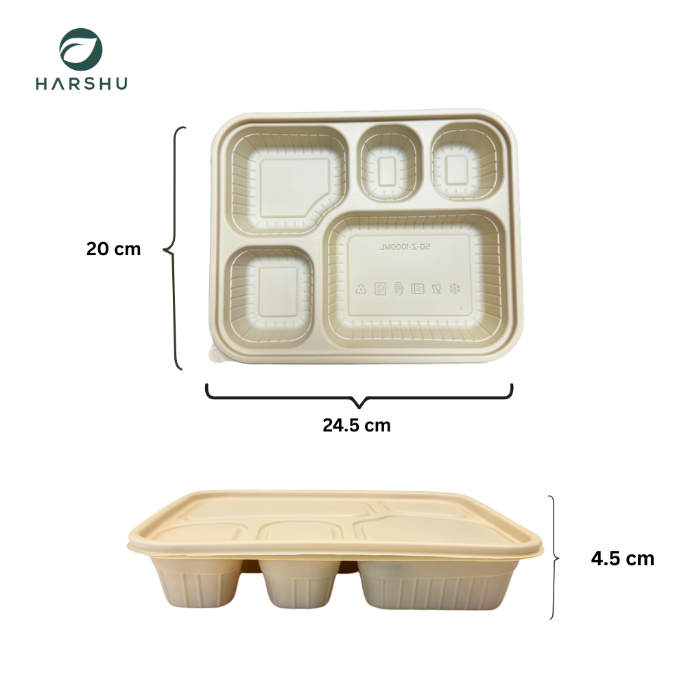 Harshu Cornstarch Plates with Lids - 5 Compartment, 50 Pack