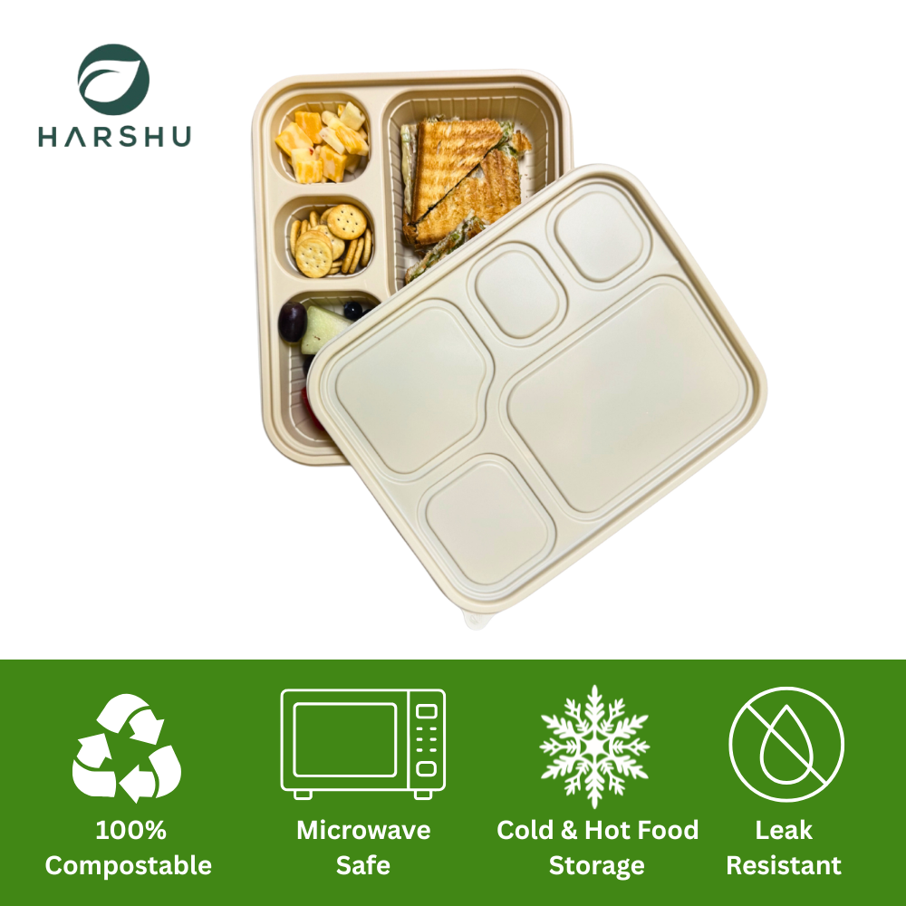 Harshu Cornstarch Plates with Lids - 5 Compartment, 50 Pack